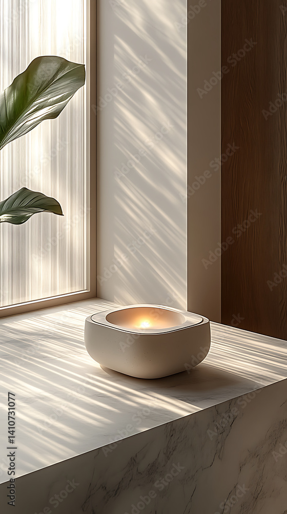 Poster minimalist soft cube shaped wellness device is placed on marble surface, illuminated by soft light s