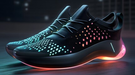Illuminated Innovation: Cutting-edge running shoes glowing with dynamic lights, showcasing advanced design and futuristic appeal. 