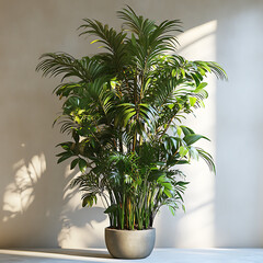 lush indoor plant with vibrant green leaves, elegantly displayed in modern pot, casting beautiful shadows on light wall. This tropical foliage adds refreshing touch to any space