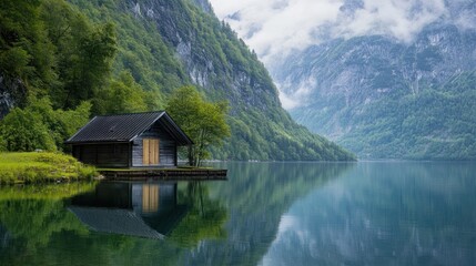 Obraz premium A wooden cabin sits peacefully on a serene lake landscape