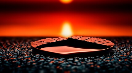 Obraz premium A vibrant sunset reflects on a leaf-shaped puddle, creating a serene atmosphere by the shore