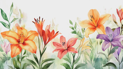watercolor botanical Lilly flowers texture template background.Elegant wedding invitation card background . Minimal hand painted Design for wedding or Valentine's Day