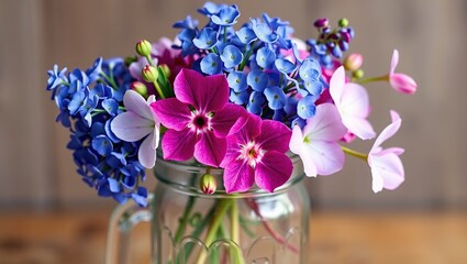 Rustic Spring Arrangement: Blue, White, and Magenta Flowers on a Mason Jar