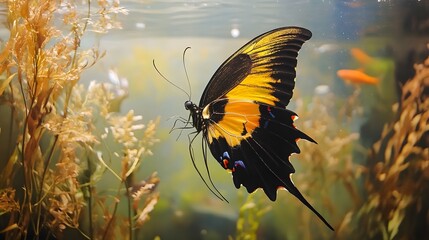 Elegant Butterfly in the Aquatic Haven: A delicate butterfly, its wings a vibrant tapestry of color, takes flight amidst the tranquility of an aquatic environment.