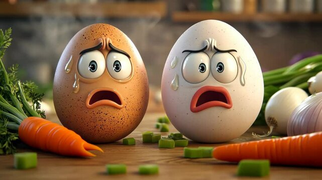 cartoon egg with an expressive face depicting surprise and sadness, scared egg in the kitchen