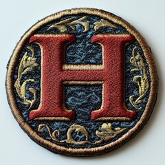 Elegant embroidered patch showcasing a bold letter H adorned with intricate floral designs and rich colors
