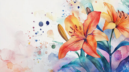 watercolor botanical Lilly flowers texture template background.Elegant wedding invitation card background . Minimal hand painted Design for wedding or Valentine's Day