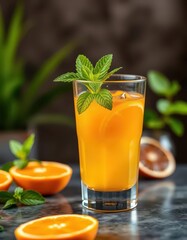 Refreshing glass of orange juice garnished with mint sprig, refreshment, morning