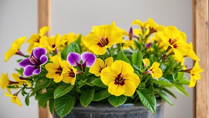 Rustic Trellis Pot with Yellow Nicotiana and Purple Sarcococca