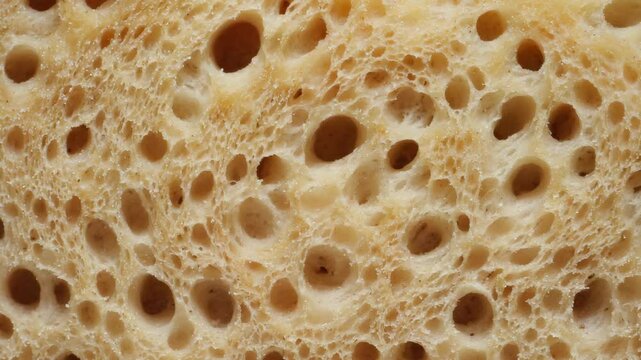 Macro Detail of Bread Crumb Texture with Holes and Uneven Surface, Close-up