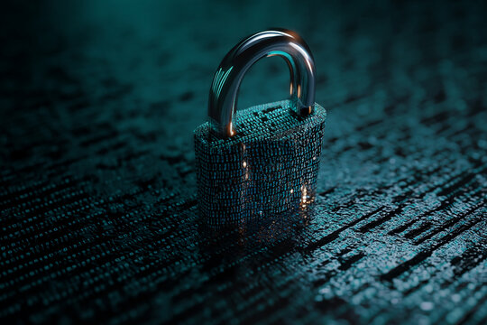 Metallic padlock on teal binary code background, symbolizing digital security, data protection, and online privacy concepts - Powered by Adobe