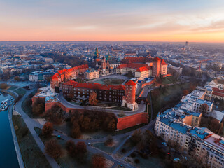 Wawel castle landmark with city view near river in Krakow Poland.   Autumn landscape on coast river Wisla.