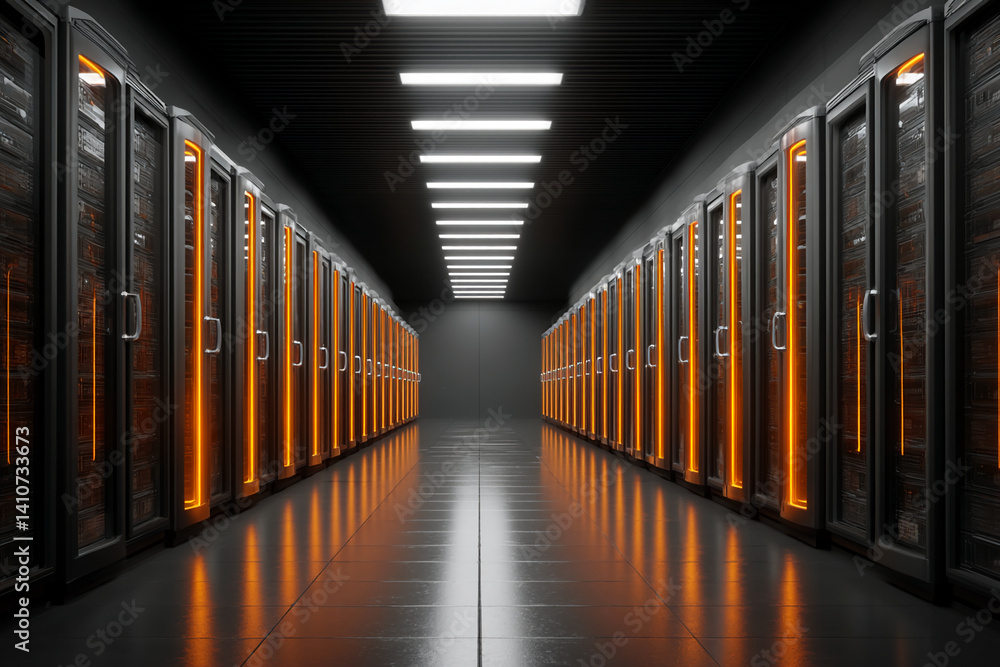 Poster dark corridor with rows of illuminated server racks, showcasing modern data center technology and di