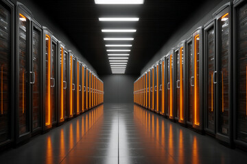 Dark corridor with rows of illuminated server racks, showcasing modern data center technology and digital infrastructure, symbolizing technological advancement and connectivity
