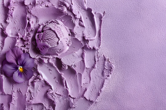 Cr&egrave;me glac&eacute;e artisanale &agrave; la violette avec une boule de glace pos&eacute;e sur fond violet ton sur ton, sp&eacute;cialit&eacute; gourmande du Sud de la France et de la Provence,  gourmandise avec espace n&eacute;gatif copyspace