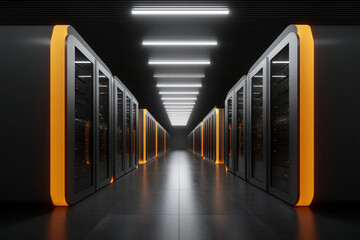 Dark corridor with rows of illuminated server racks, showcasing modern data center architecture, symbolizing technological advancement and digital infrastructure