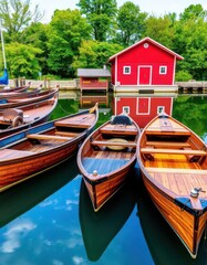 Obraz premium Wooden boats moored at a tranquil waterway, reflecting in calm water beside a red boathouse, pier, peaceful, wood
