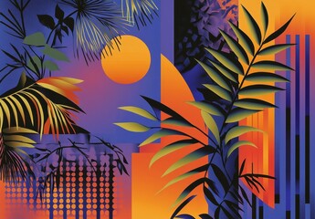 Tropical plants and geometric shapes background vector presentation design, in the style of orange, blue, and purple color scheme Generative AI