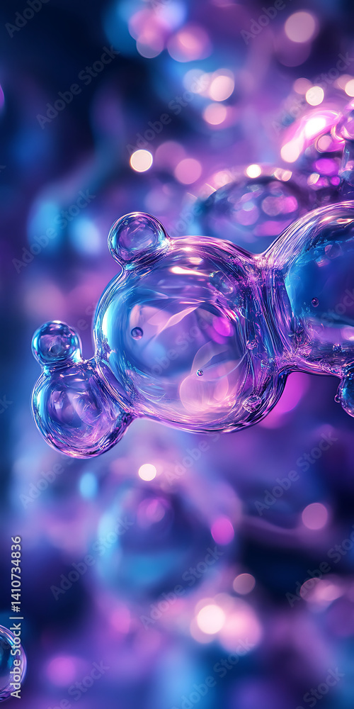 Poster close up view of colorful bubbles in shades of purple and blue, creating mesmerizing abstract effect