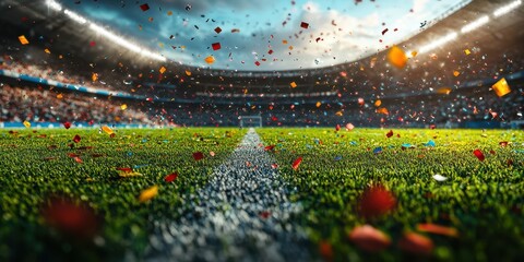 Exciting moment captured from a vibrant soccer celebration in a packed stadium with colorful confetti