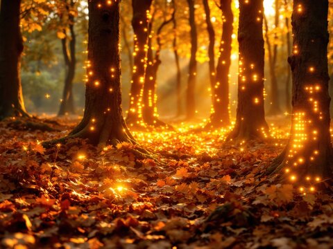 A magical autumn scene featuring trees adorned with warm glowing lights illuminating fallen leaves on the forest floor creating a serene and whimsical atmosphere
