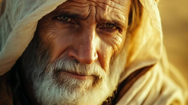 A close-up portrait of an older desert nomad with weathered, sun-kissed skin and deep, expressive eyes, wearing a traditional keffiyeh and a loosely draped robe.