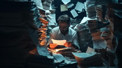 Businessman in pile of papers, working hard, stressed and tired. - Powered by Adobe