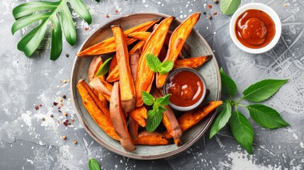 Delicious baked sweet potato fries with dipping sauce on rustic table setting