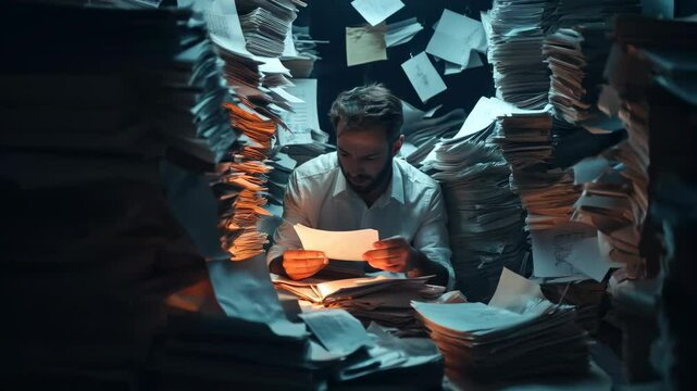 Businessman in pile of papers, working hard, stressed and tired.