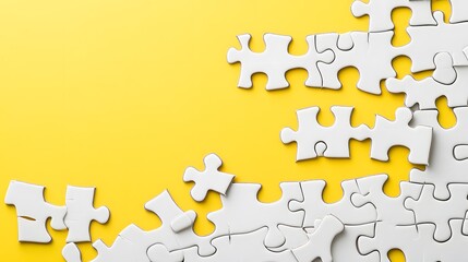 Obraz premium White Jigsaw Puzzle Pieces on Yellow Background, Problem Solving Concept