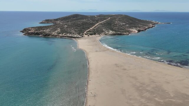 Prasonisi. The unique place where Aegean Sea meets the Mediterranean Sea. Incredible sandy beach of Prasonisi, in Rhodes Island of Greece.