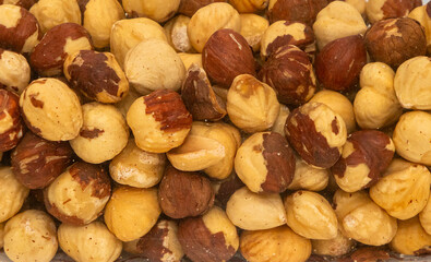 Pile of organic roasted hazelnuts fruit pattern