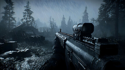Pixelated First-Person Shooter Rifle Aiming In Foggy Forest