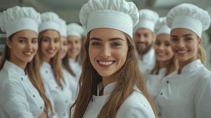 Diverse chefs in whites, smiling. Professional kitchen team posing, beaming