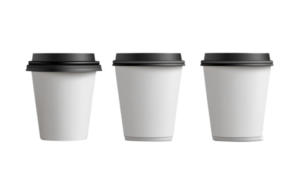  3 white paper coffee cups, ranging in size from large to small, against a transparent background - Powered by Adobe