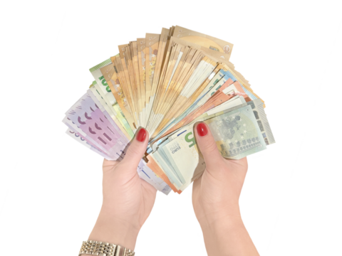 Female hands holding a fan of euro banknotes of various denominations, isolated on transparent background. - Powered by Adobe