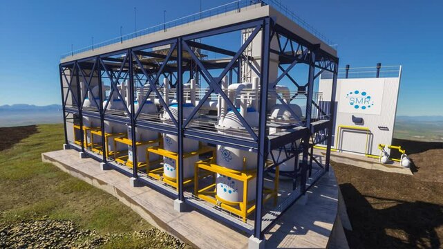 concept of a SMR small modular nuclear reactor power plant on a sunny day. SMR is a future energy concept. 3d rendering.