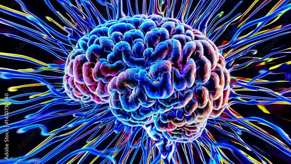 Poster a vibrant, abstract video of a brain with colorful neural pathways. top-down angle highlights dynami