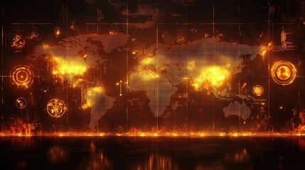 Global Network Fire Digital World Map Futuristic Interface Technology Orange Glowing Screen