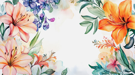 Fototapeta premium watercolor botanical Lilly flowers texture template background.Elegant wedding invitation card background . Minimal hand painted Design for wedding or Valentine's Day