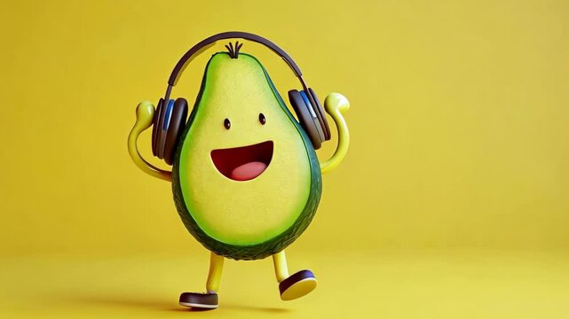 Cheerful cartoon avocado character with headphones dancing and listening to music on yellow background, playful design suitable for funny graphics