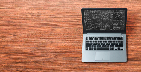 Mathematic equations and modish formula on computer screen showing concept of science and education