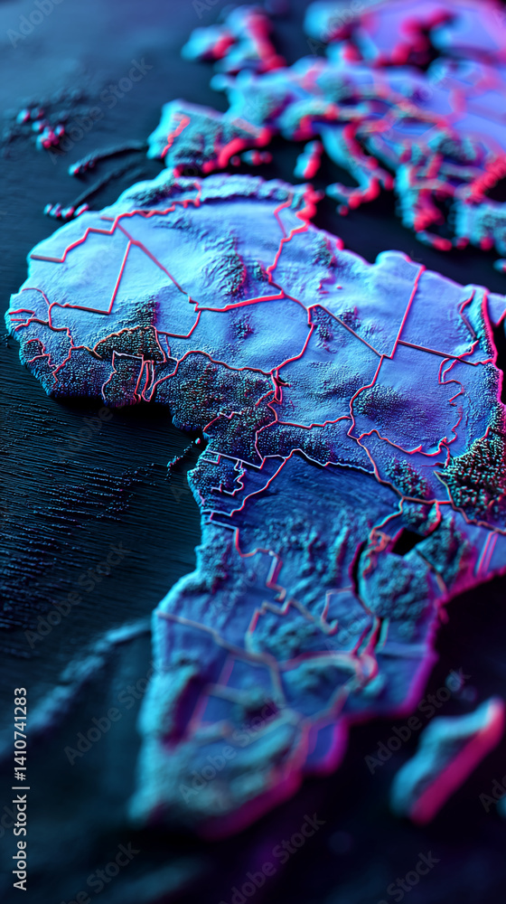Poster stylized 3d rendering of the african continent, showcasing textured surface detail and vibrant blue 