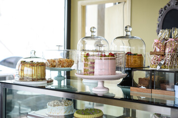 Assorted Cakes Display in Glass Domes showcasing in different flavors perfect for food photography and culinary dessert and sweets