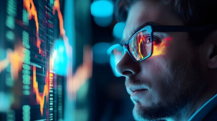 Analyzing Data: A focused individual meticulously examines a dynamic financial chart reflected in their spectacles, delving deep into the intricacies of digital information analysis.