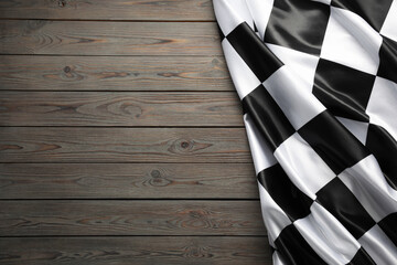 Checkered flag on wooden table, top view. Space for text