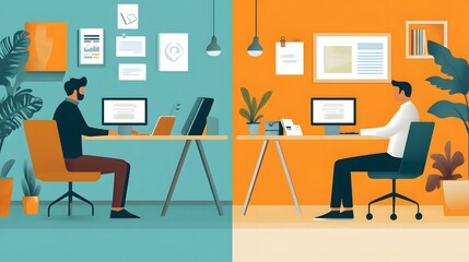Workplace Dynamics: Two individuals engage in focused work at their desks, the juxtaposition of colors highlighting the concept of productivity and work ethic.