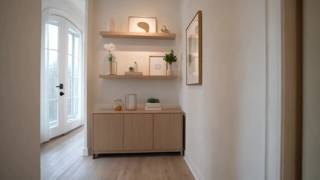 Entryway design ideas: modern home decor with floating shelves and minimalist furniture inspiration tips