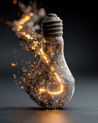 Conceptual innovation design Burnt light bulb with sparkling particles on dark background creative process
