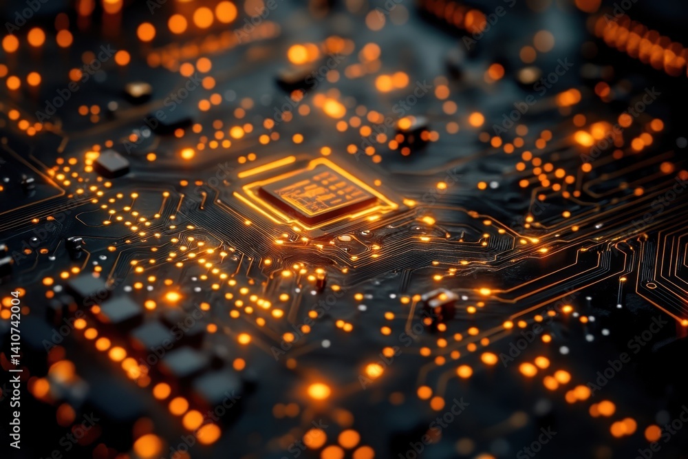 Poster close-up view of a computer circuit board with glowing components at night